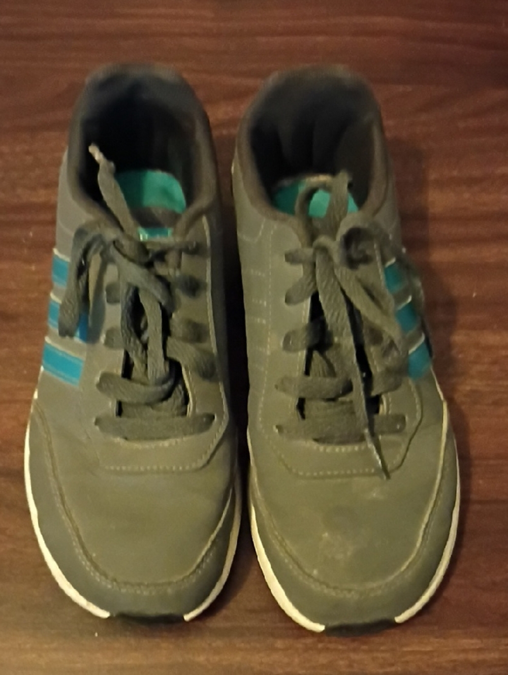 Kids Adidas Dark Gray and Teal Lace-Up Athletic Shoes